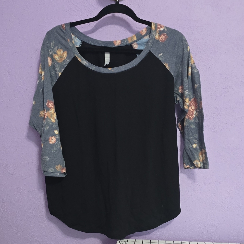 Torrid Black and Gray Raglan Tee with Floral Sleeves
